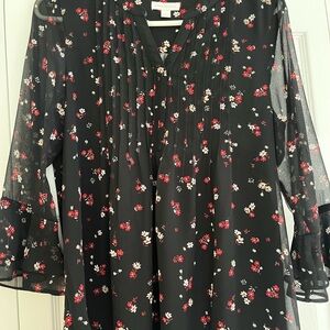 Charter Club Black Blouse with Red and White Floral Design